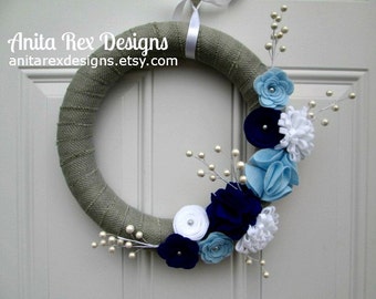 Hanukkah Wreath, Holiday Wreath, Blue Silver Wreath, Burlap Wreath