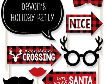 Prancing Plaid Booth Props - Holiday Party Prop Kit - Buffalo Plaid Photo Booth Selfie Prop Kit - Lumberjack Christmas Props - 20 pc.