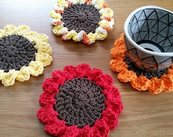 MTO Sunflower Coaster Set / Sunflower Coasters / Crochet Coaster Set / Sunflower Decor / Flower Coaster Set / Flower Decor / Set of 4
