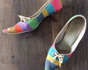 1970's Rainbow Striped Kitten Heels Size 6.5 by Maeberry Vintage