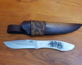 Knife,Hunting Knife,Luxury Hunting Knife, Hand Made, Luxury is attention to detail, Lether Sheath, Real Leather,Ego 33 ;Snow leopard