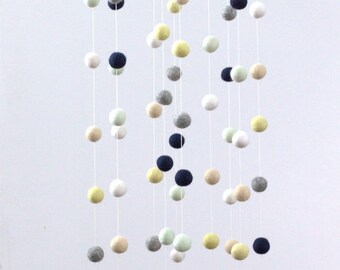 LARGE Navy, Butter, Seafoam, Tan, Gray, White Felt Ball Nursery Mobile- Nursery Childrens Room Pom Pom Mobile Garland Decor
