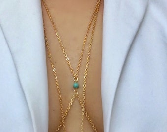 Body chain with turquoise,gold chain with turquoise,blue beads, gold body chain,genuine turquoise beads,gold chain with blue bead,