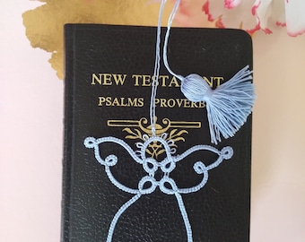SKY Angel Tatted Lace Bookmark with Tassel Handmade Tatting Baby Blue