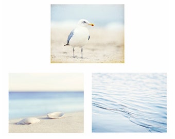 Beach Photography Set - Three 11x14, 8x10 Light Blue Photographs - seashore wall art coastal print white cream pale seashell sea shore ocean