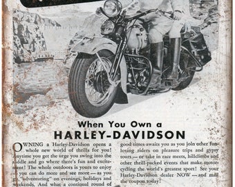 Harley Davidson Motorcycle Ad Vintage 10" x 7" Reproduction Metal Sign F58