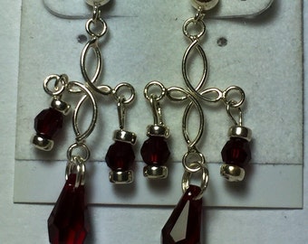 Red Swarovski crystal and silver dangle earrings