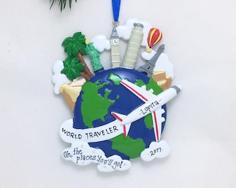 World Traveler Personalized Christmas Ornament / Airplane / Globe Ornament / Hand Personalized