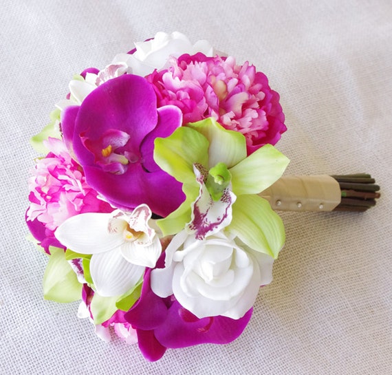 Silk Wedding Bouquet Hot Pink Peonies And Green Cymbidiums 