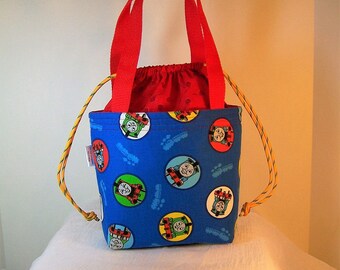 Insulated Lunch Bag, 4"by7" Drawstring Lunch Box, Blue Thomas the Train Lunch Bag, Cosmetic Sack, Lunchbag