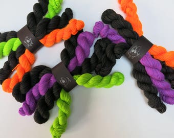 Choufunga / UV Reactive Sock Yarn Spider Mini Skein Set / hand dyed superwash merino wool miniskeins / minis blacklight yarn fluorescent