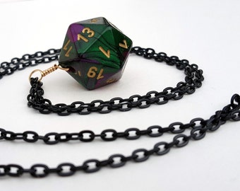 Dice Necklace - Purple Green Swirl D20 Twenty Sided Dice Pendant Jewelry - Geeky Gamer Jewelry