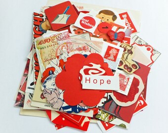 Red Collage papers, Eco-friendly Paper Ephemera pack, Collage pack, 80 pieces scrap pack, Ephemera lot, paper scraps, craft supplies