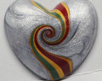 Silver Heart with Red, Green and Gold Swirl Polymer Clay Cabochon