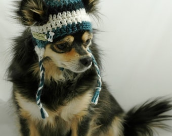 Dog hat crocheted, Variegated Dark Teal and Winter White, Medium, Small or Xsmall