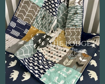 The Lodge Baby Quilt, Woodland Crib Bedding, Woodland Crib Quilt, Navy and Mustard Quilt, Crib Bedding Boy, Baby Bedding Woodland, The Lodge