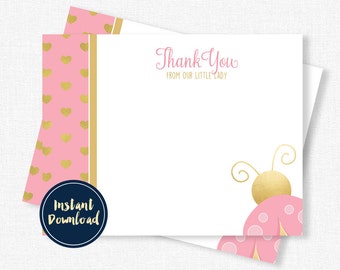 Ladybug Thank You Card, Pink and Gold Thank You, Birthday Thank You, Blank Thank You, Pink Ladybug Printable INSTANT DOWNLOAD