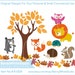 Jungle Animals in Forest Clip Art. Tree, Fall, Thinksgiving, Maple Leaves. For Personal and Small Commercial Use. B-0034