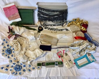 Lot of Vintage Ribbons, Lace, Bead Trim / Vintage Trim Steel Beads / Vintage Notions