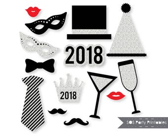 New Years 2018 Photobooth Props, Silver Glitter New Years Eve Party, New Years Printables, New Years Photo booth props, Instant Download