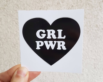 GRL PWR Feminist Black Heart Sticker - Vinyl Illustrated Feminist Gift Weatherproof Waterproof Decal Bumper Sticker Flair / 7x7cm/ Gift Idea