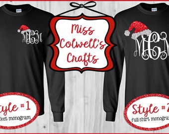 Long Sleeved Santa Hat Monogram Shirt, Custom Monogram Holiday Shirt, Christmas Shirt Youth and Adult Sizes