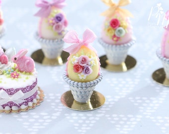 Miniature Food Pastel Candy Easter Egg (E) Decorated with Trio of Handmade Roses, Blossoms, Silk Bow, in Shabby Chic Pot - 12th Scale