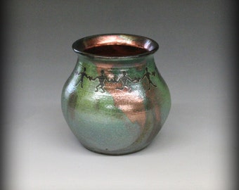 Raku Pot with United People in Metallic and Iridescent Colors