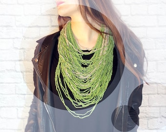 Green Knitted Necklace. Multi Strand Necklace. Crochet Necklace. Green Statement Necklace. scarf Necklace. Knitted and crochet jewelry.