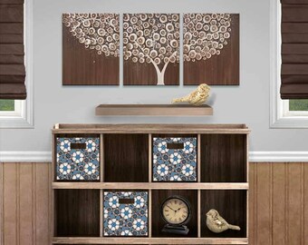 Art on Canvas Triptych, Brown Painting, Tree Wall Art, Original Acrylic Painting - 35x14