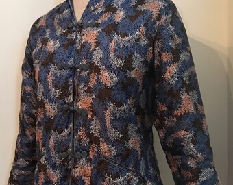 1960's Vintage Asian Silk Floral Print Quilted Jacket/Mandarin Collar/ Soutache Frog Closures