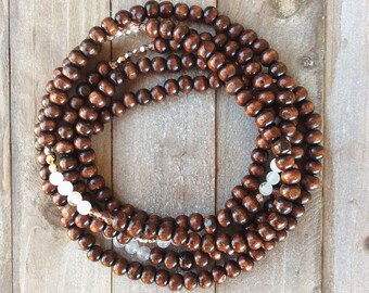 Long beaded necklace - gemstone beaded necklace - wrap necklace - rose quartz necklace - wood beaded necklace - boho necklace