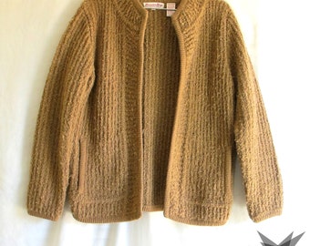 Vintage 1980's Camel Nubby Boucle Ribbed Knit Cardigan Sweater Jacket Size Medium