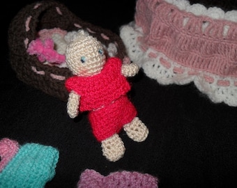 Crochet CRADLE PURSE sac CROCHET berceau et bébé + vêtements fait-main bourse crochet rose Panier au crochet fait main