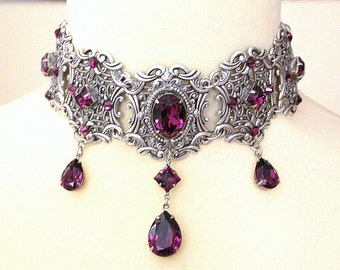 Purple Gothic Choker - Amethyst Swarovski Crystal Choker - Victorian Choker - Bridal Necklace - Gothic Jewelry - Wedding Jewelry