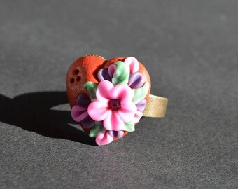 floral ring gift idea for her jewelry birthday gift heart ring birthday gift adjustable ring jewelry handmade flower ring cocktail ring gift