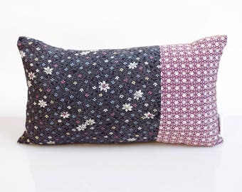 Cushion in Japanese kimono silk. Vintage fabric with flowers and leaves