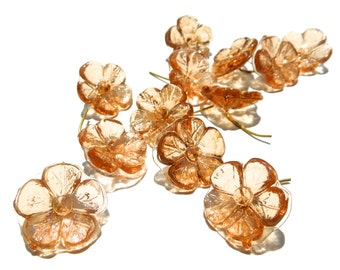 SUPPLY: 12 LARGE Tea Rose Flower Charms - Glass Drops with Brass Wire - Flower Buttons - Un Looped Charms - (4-E1-00003348) OS-4-34