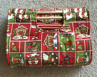 Insulated Casserole Carrier - Woodland Cabin in Winter with Striped Interior CHRISTMAS WINTER, Personalization Available