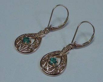 14K Yellow Gold Filigree Emerald Drop Earrings