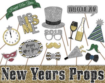 2018 New Years Eve Photo Booth Props - Printable Decorations and Banner - Over 40 Glitter Props- New Years Party - INSTaNT DOWNLoAd - SALE
