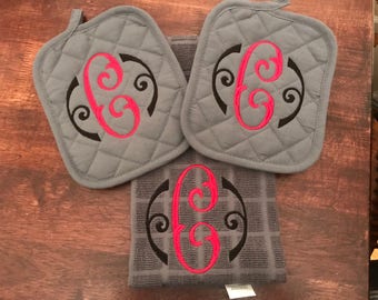 Monogrammed Potholders and Kitchen Towel