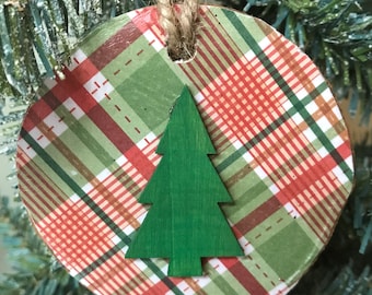 Christmas Ornaments Birch Wood Ornaments Country Christmas Ornaments Rustic Christmas Ornaments Plaid Ornaments Handmade Christmas Decor