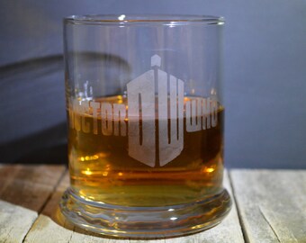 Hand Made Etched Whiskey glass- A Hit T.V. Series on Netflix Doctor Who!!