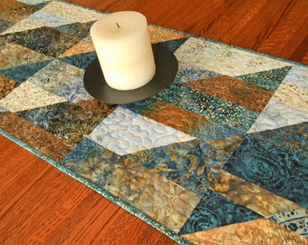 Quilted Modern Table Runner in Blue and Brown Batiks, Dining Table Decor, Coffee Table Runner, Quilted Tablecloth, Dresser Runner