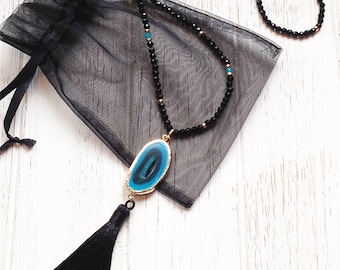 Boho Necklace Long • Tassel Necklace Beaded • Agate Slice Necklace • Black Onyx Necklace • Boho Jewelry • Bohemian Jewelry Necklaces