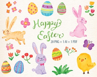 watercolor Easter clipart, Easter rabbit clip art, Easter bunny clipart, Easter Egg Clipart