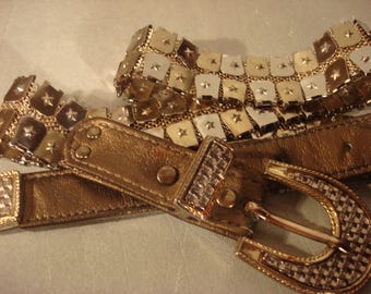 Boho 1990s Vintage Rhinestone Embellished Goldwashed Gold and Silver Belt