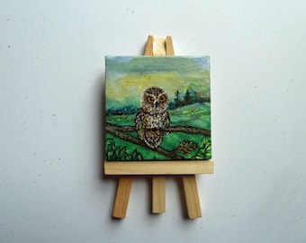 Owl painting, Mini canvas art, Nature painting, Owl Art, Miniature painting, Easel included, Bird painting, Mini card included