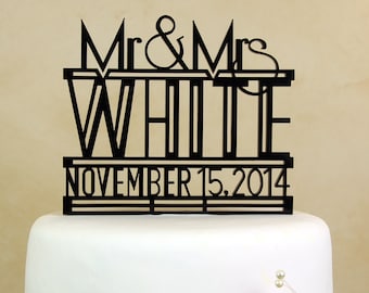 Art Deco Mr. and Mrs. personalized and dated "in your name and date" wedding cake topper by Distinctly Inspired (style RD-4)